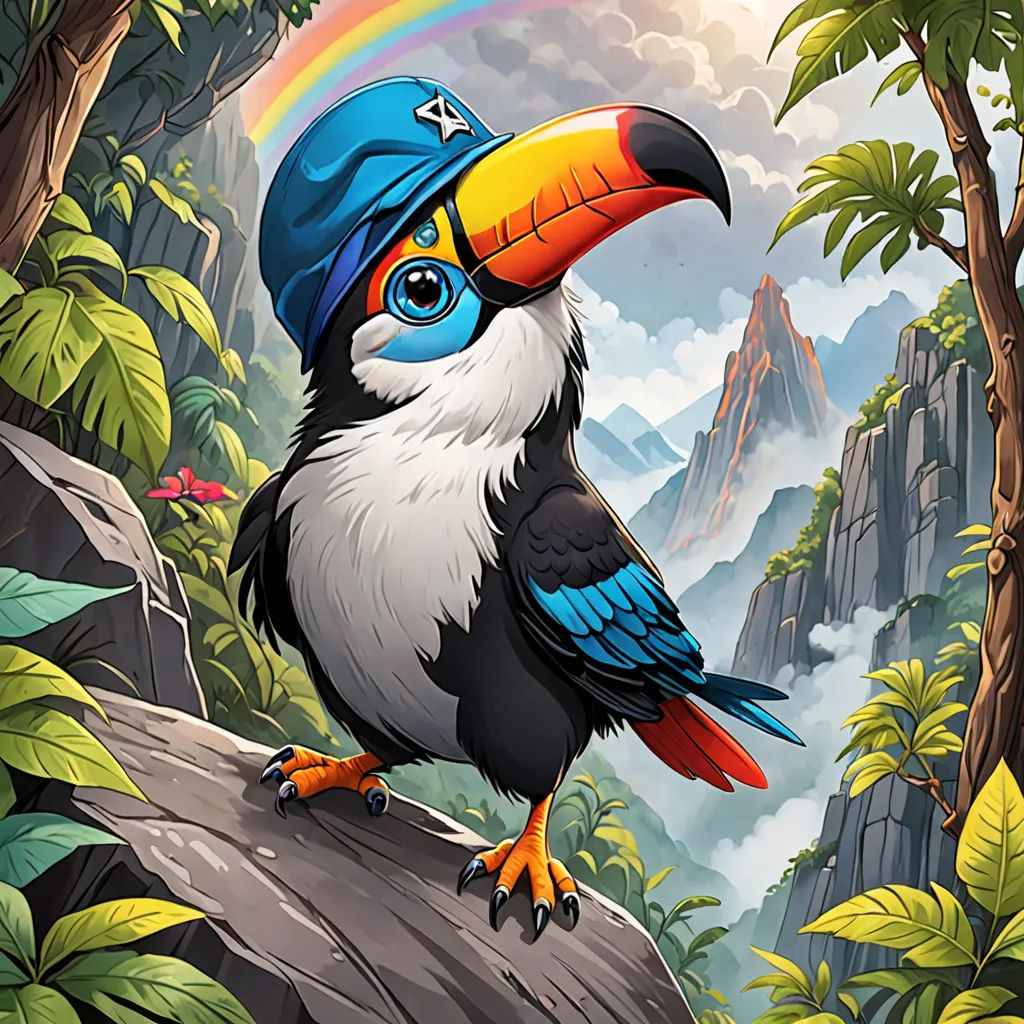 a colorful bird with a hat on a rock in a jungle with a rainbow in the background and a rainbow in the sky, fantasy art, a character portrait, Chris LaBrooy, character portrait