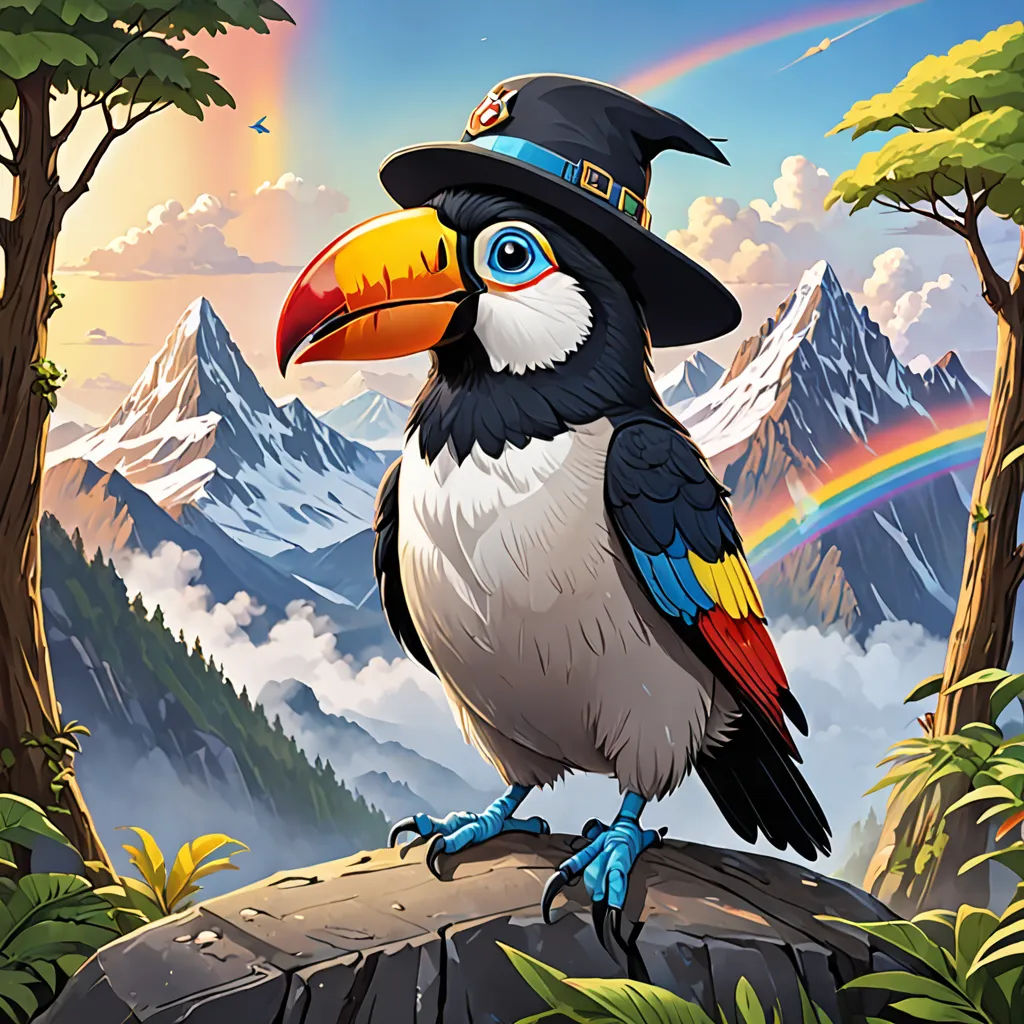 a bird with a hat on a rock in the forest with a rainbow in the background and mountains in the background, fantasy art, a character portrait, Chris LaBrooy, magic the gathering artwork