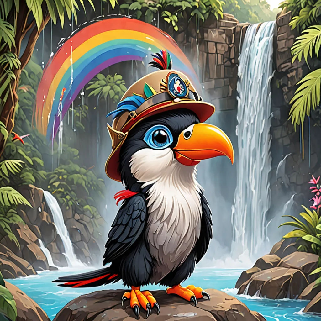 a bird with a hat on a rock near a waterfall and a rainbow in the background with a rainbow, fantasy art, a character portrait, Craola, promotional image