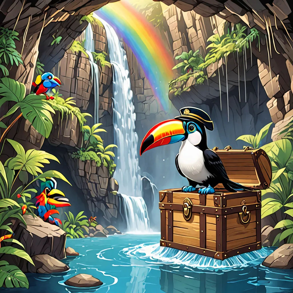 a toucan sitting on a trunk in a river with a rainbow in the background and a waterfall, fantasy art, poster art, Craola, promotional image