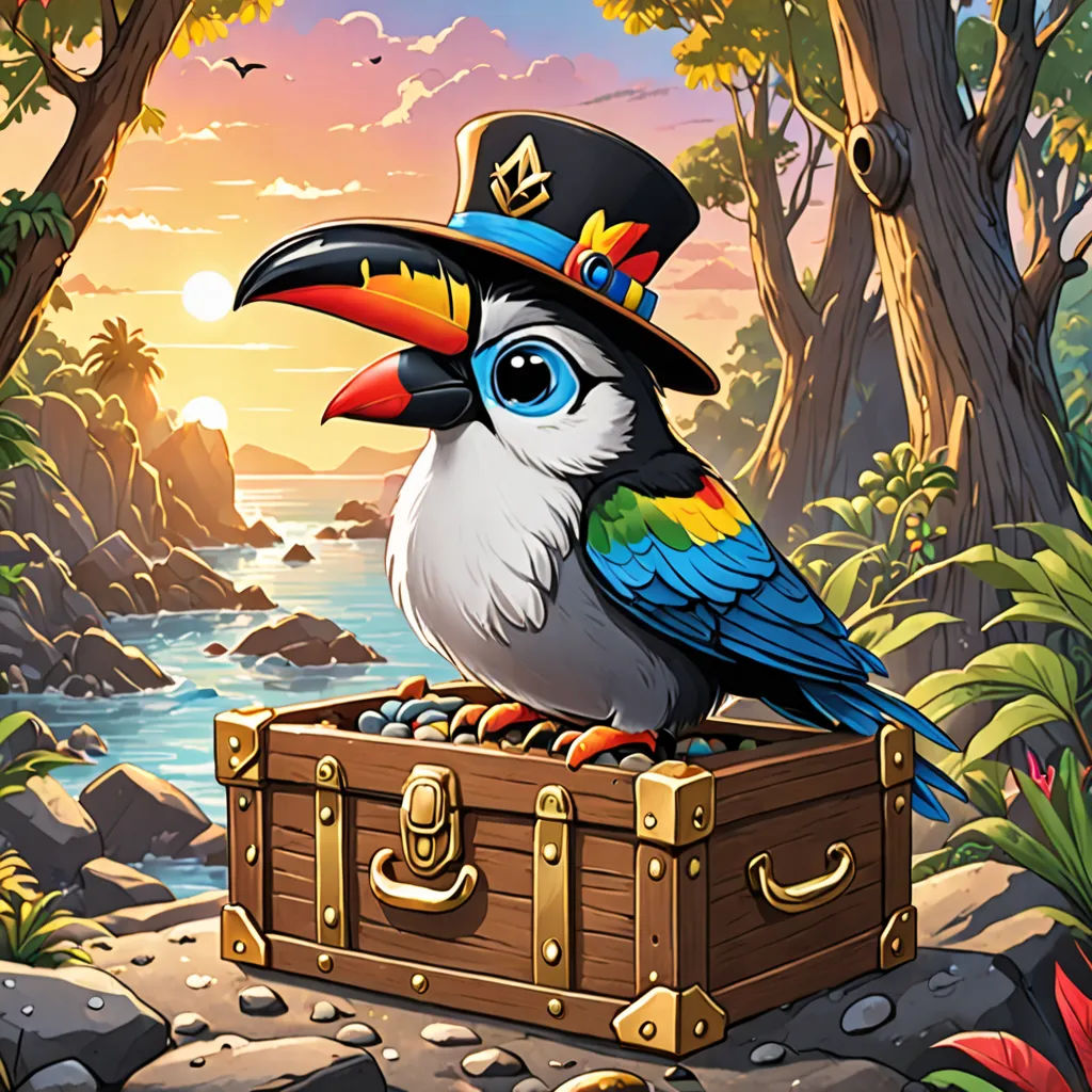 a bird with a hat sitting on a trunk in the woods by the water and rocks, with a sunset in the background, fantasy art, a character portrait, Craola, key art