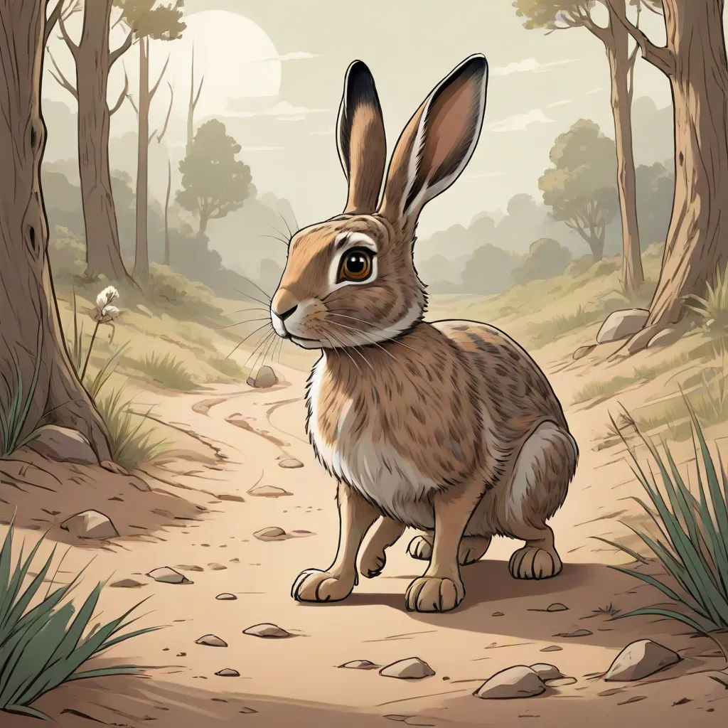 a rabbit is sitting on a dirt path in the woods with trees and rocks on either side of it, Beatrix Potter, furry art, a storybook illustration, walton ford