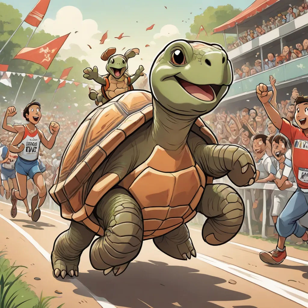 a cartoon of a turtle running in a race with a crowd of people watching it from the sidelines, Cliff Childs, figuration libre, a storybook illustration, storybook illustration