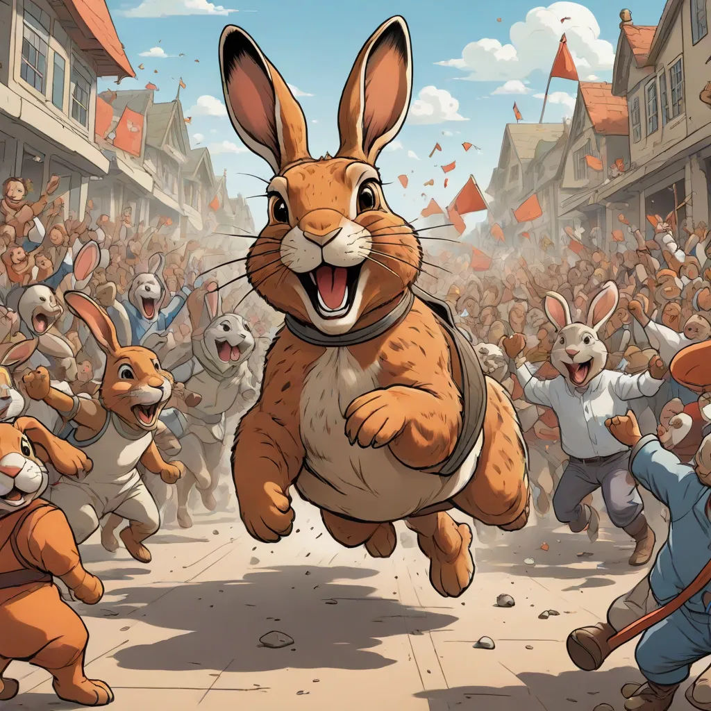 a cartoon of a rabbit running in front of a crowd of people with their mouths open and their hands in the air, Chris LaBrooy, furry art, a storybook illustration, josan gonzales and dan mumford