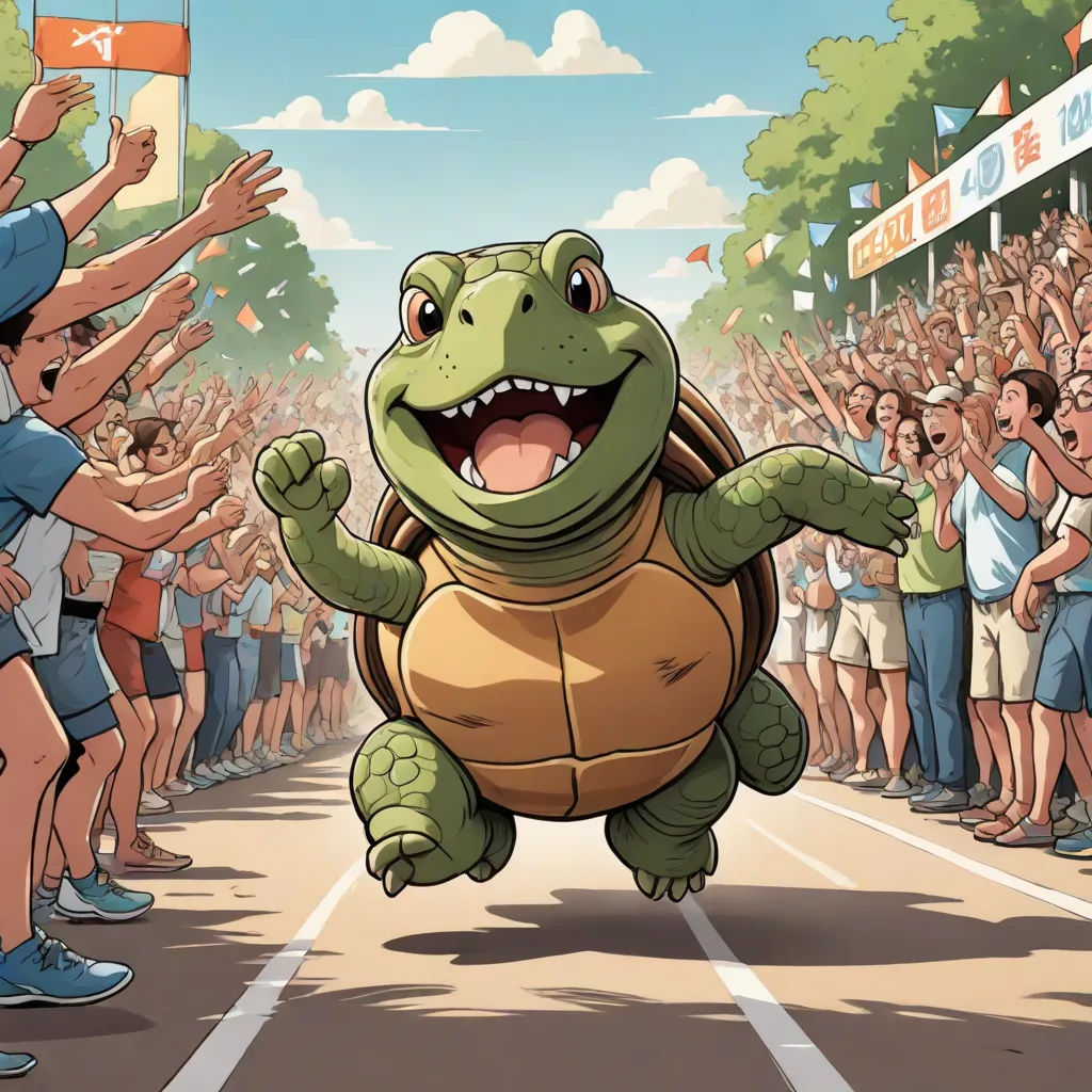 a cartoon turtle running in front of a crowd of people on a race track with their arms in the air, Chris LaBrooy, furry art, a storybook illustration, storybook illustration