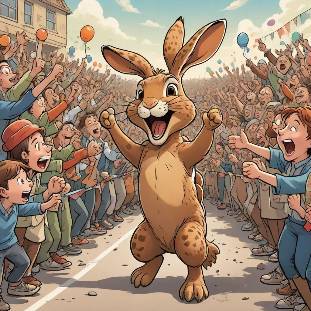 a cartoon of a rabbit dancing in front of a crowd of people with balloons in the air and a man holding a microphone, Chris LaBrooy, furry art, a storybook illustration, official art