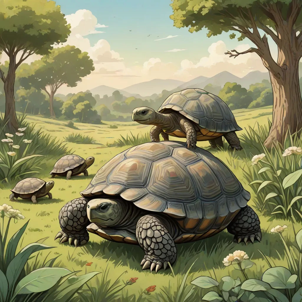 two turtles are walking in the grass near trees and bushes, one is on the ground and the other is on the ground, Chris LaBrooy, fantasy art, a storybook illustration, storybook illustration