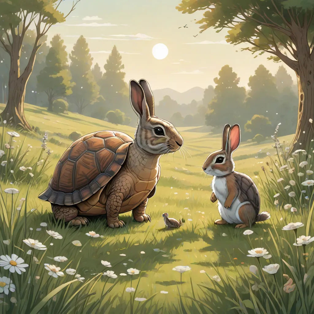 a rabbit and a turtle are sitting in the grass together in a field of flowers and trees, with the sun shining behind them, Chris LaBrooy, american scene painting, a storybook illustration, official art