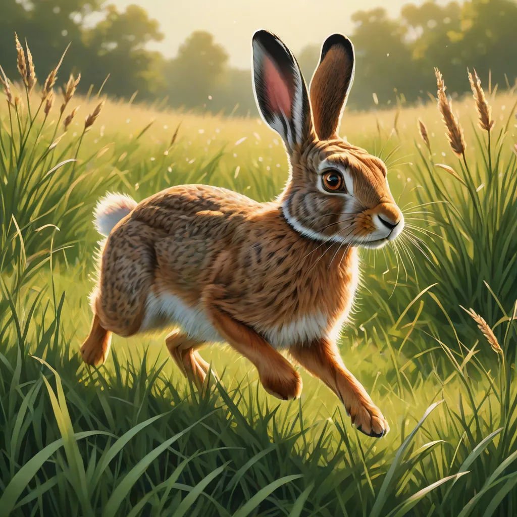 a painting of a rabbit running through a field of grass and flowers with trees in the background and a sunlit sky, Chris LaBrooy, altermodern, a digital painting, walton ford