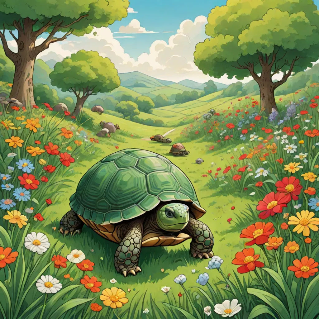 a turtle is walking through a field of flowers and trees with a sky background and clouds above it, and a path leading to a hill with flowers and trees, Chris LaBrooy, fantasy art, a storybook illustration, official art
