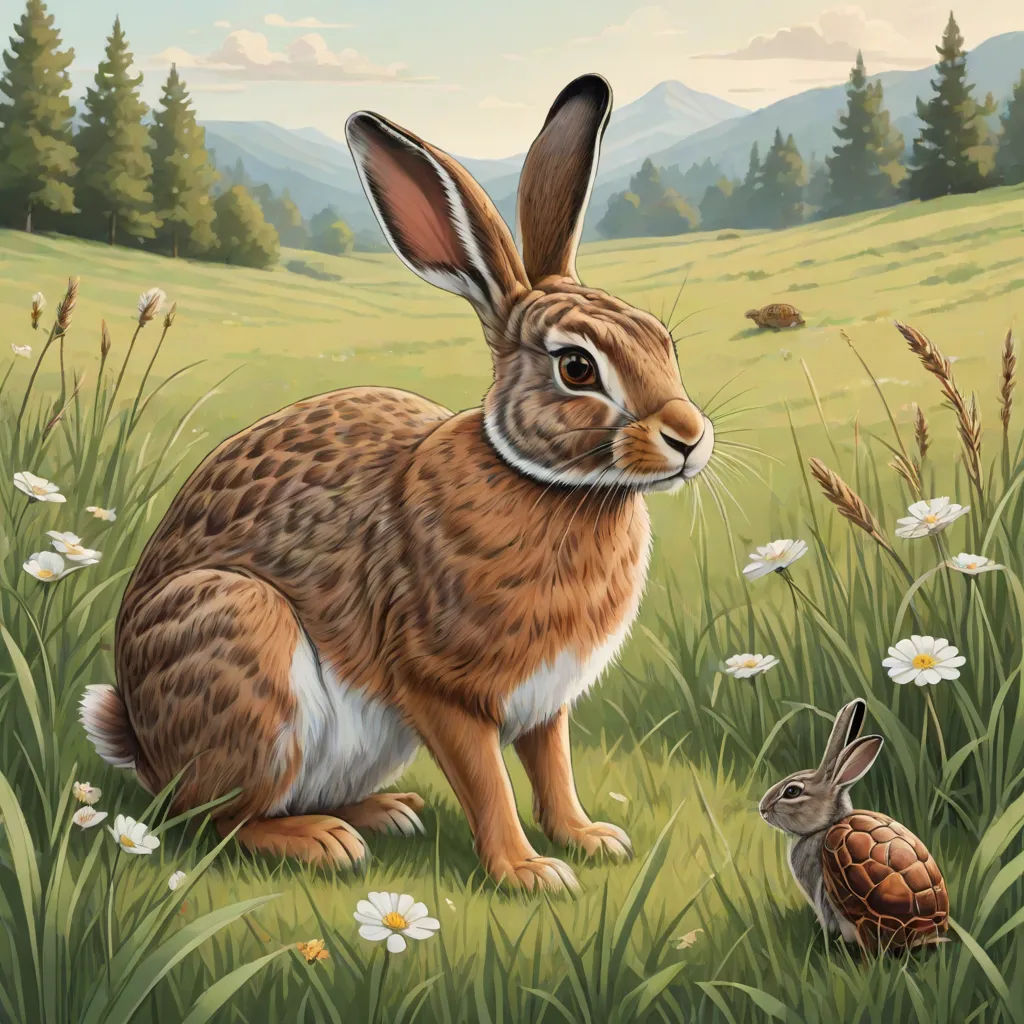 a painting of a rabbit and a turtle in a field of grass and flowers with mountains in the background, Chris LaBrooy, american scene painting, a storybook illustration, highly detailed digital painting