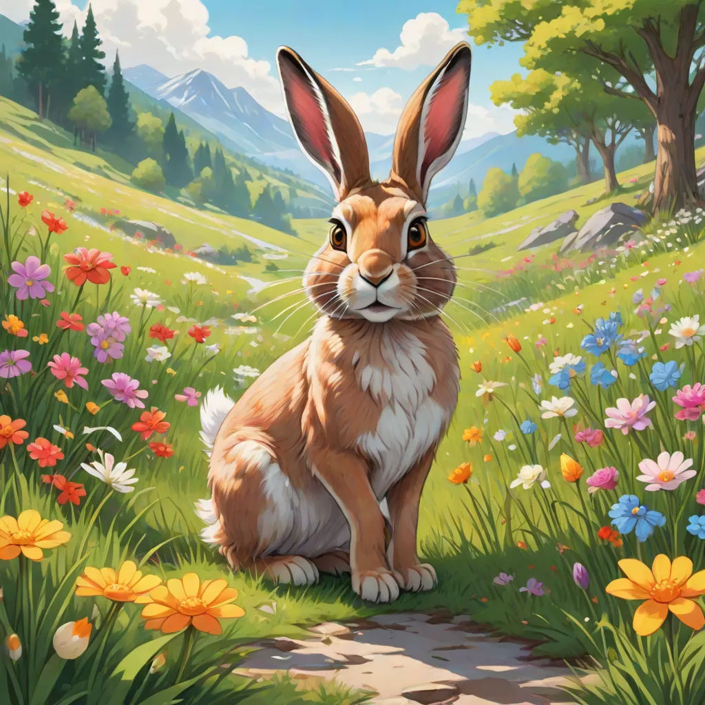 a painting of a rabbit sitting in a field of flowers and grass with mountains in the background and a path leading to the ground, Chris LaBrooy, furry art, an airbrush painting, rossdraws global illumination