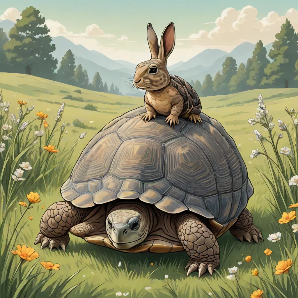 a rabbit sitting on top of a turtle in a field of flowers and grass with mountains in the background, Chris LaBrooy, fantastic realism, a storybook illustration, highly detailed digital painting