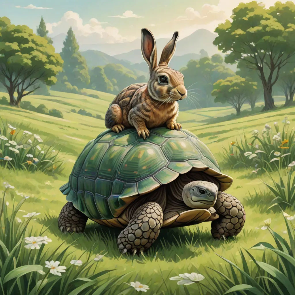 a rabbit sitting on top of a turtle in a field of grass and flowers with trees in the background, Chris LaBrooy, fantastic realism, a storybook illustration, highly detailed digital painting