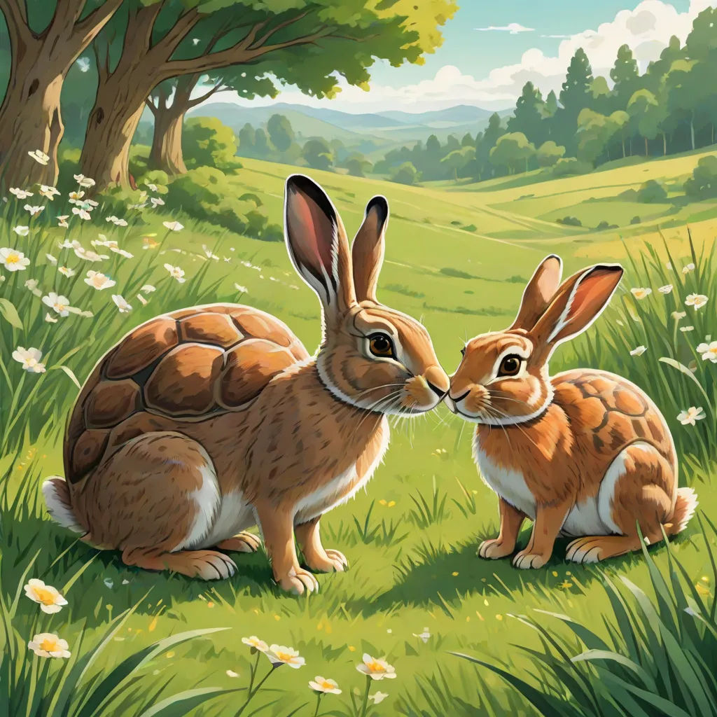 a painting of two rabbits in a field of grass and flowers, one of them is facing the other, Chris LaBrooy, furry art, a storybook illustration, official art