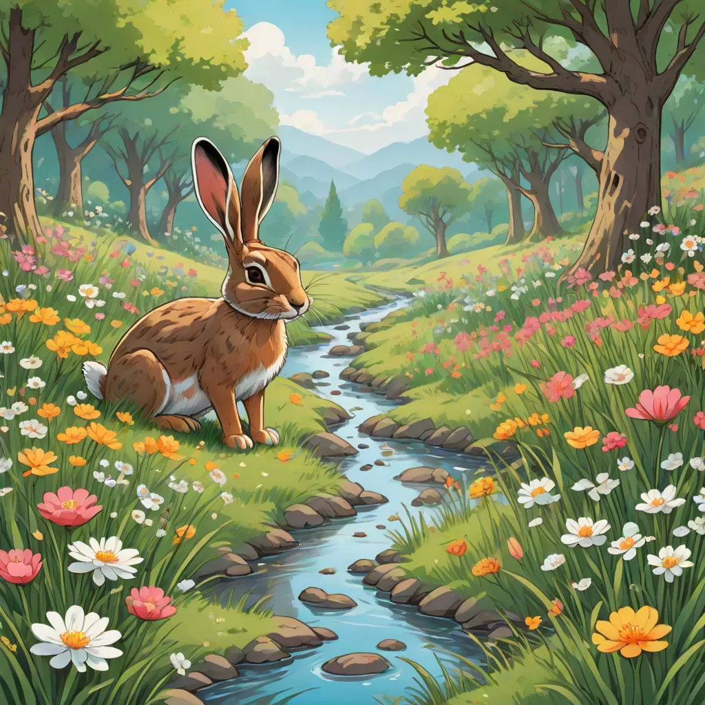 a rabbit sitting on a rock in a field of flowers and trees next to a stream of water with a forest in the background, Chris LaBrooy, fantasy art, a storybook illustration, rossdraws global illumination