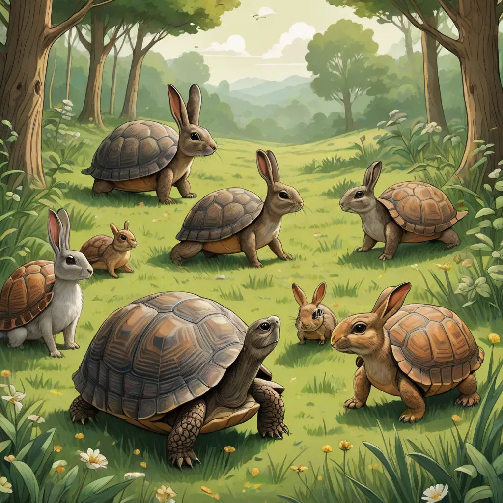 a group of rabbits and turtles in a forest with trees and grass and grass and trees and grass and bushes and trees and grass and bushes, Chris LaBrooy, fantastic realism, a storybook illustration, golden ratio illustration