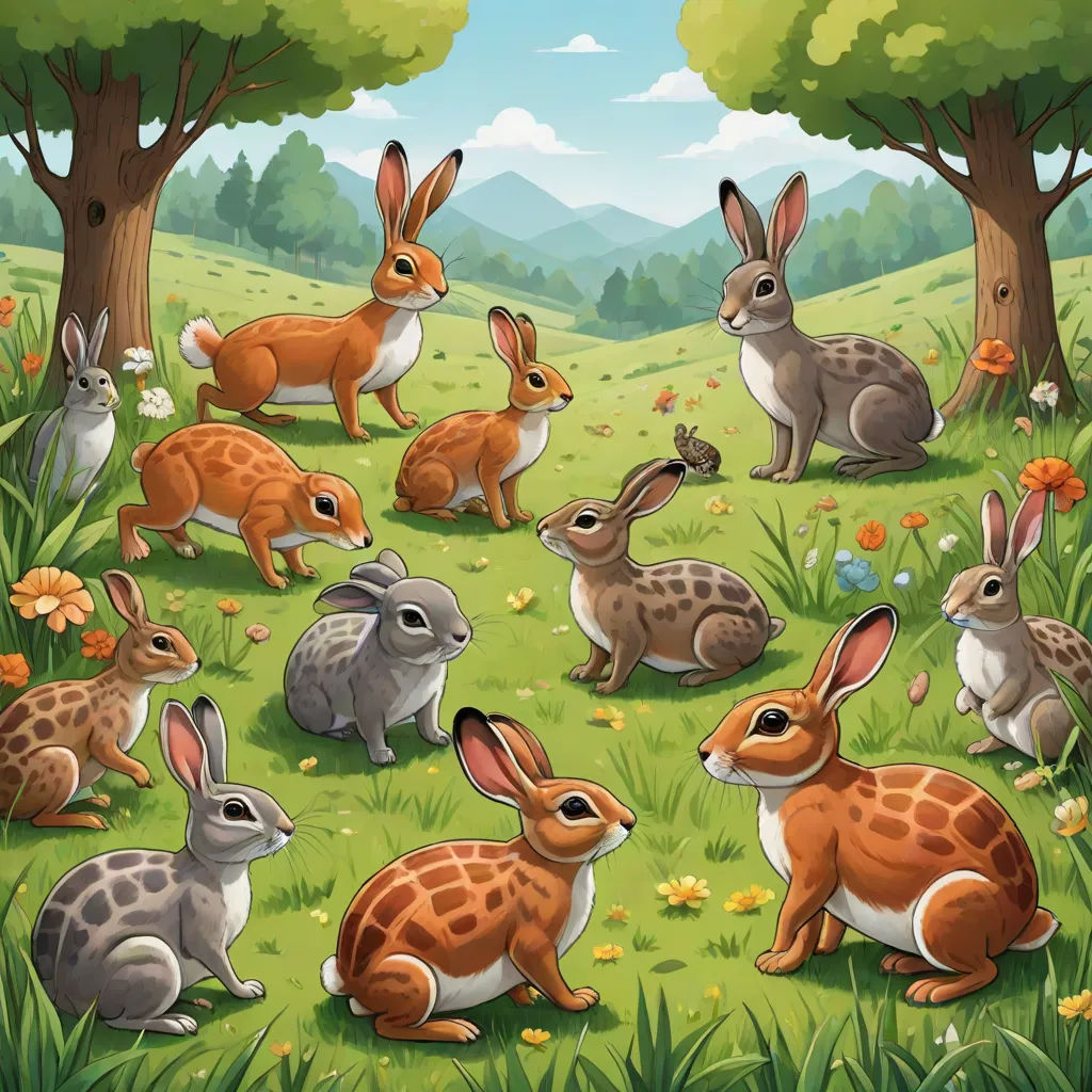 a group of rabbits in a field with trees and flowers in the background, with a sky background and a blue sky, Chris LaBrooy, furry art, a storybook illustration, rossdraws global illumination
