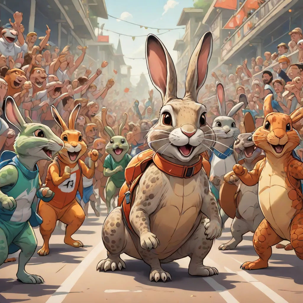 a group of cartoon rabbits are dancing in a parade with people in the background and a crowd of people in the background, Clint Cearley, furry art, concept art, official art