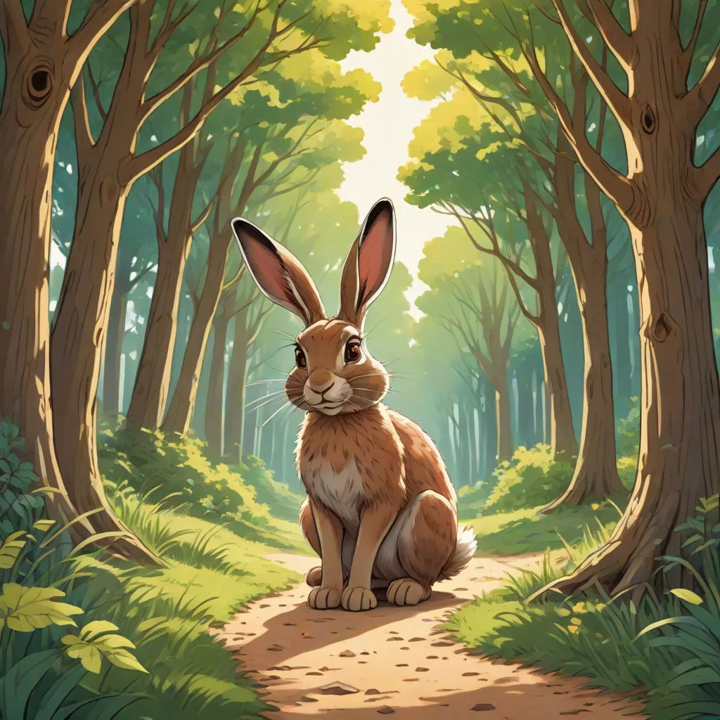 a rabbit sitting on a path in a forest with trees and grass on both sides of it's face, Chris LaBrooy, magic realism, a storybook illustration, walton ford