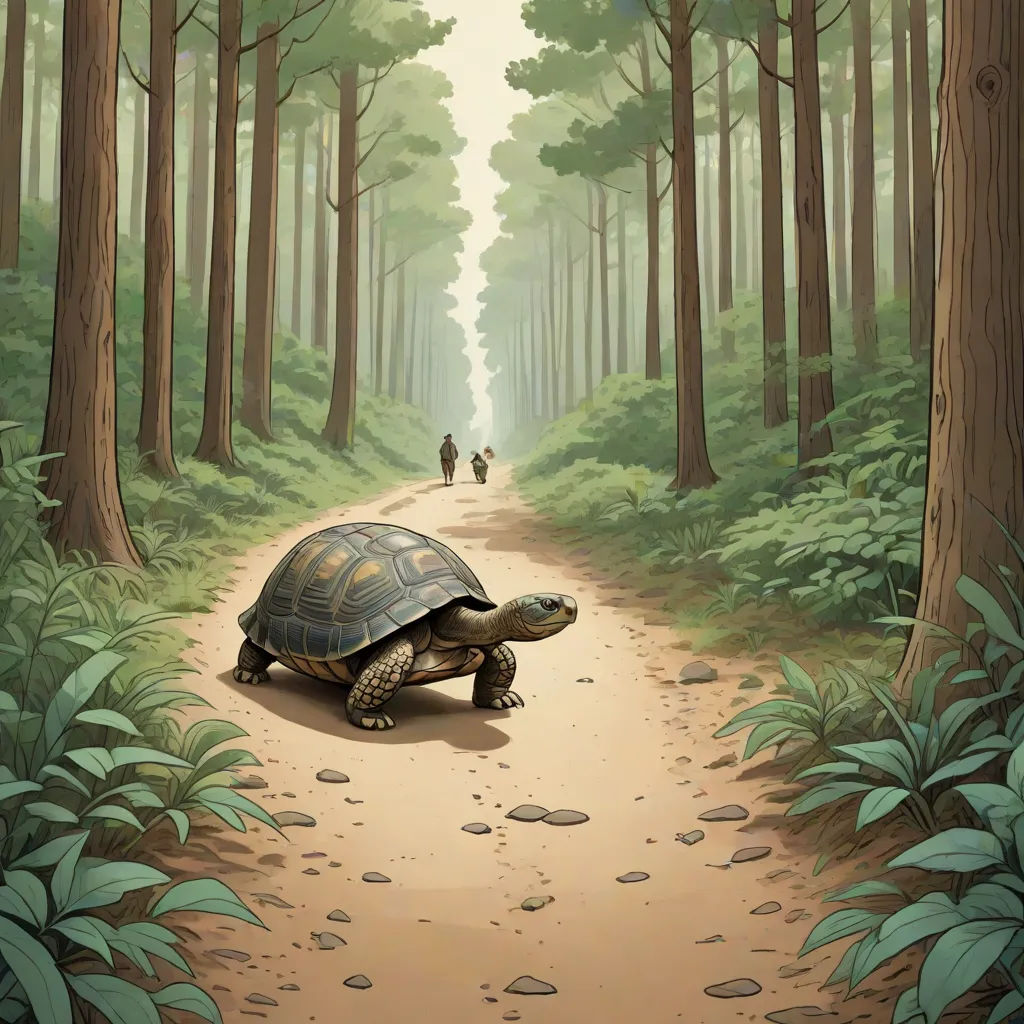 a painting of a turtle walking down a path in the woods with people walking on either side of it, Chris LaBrooy, fantasy art, a storybook illustration, official art