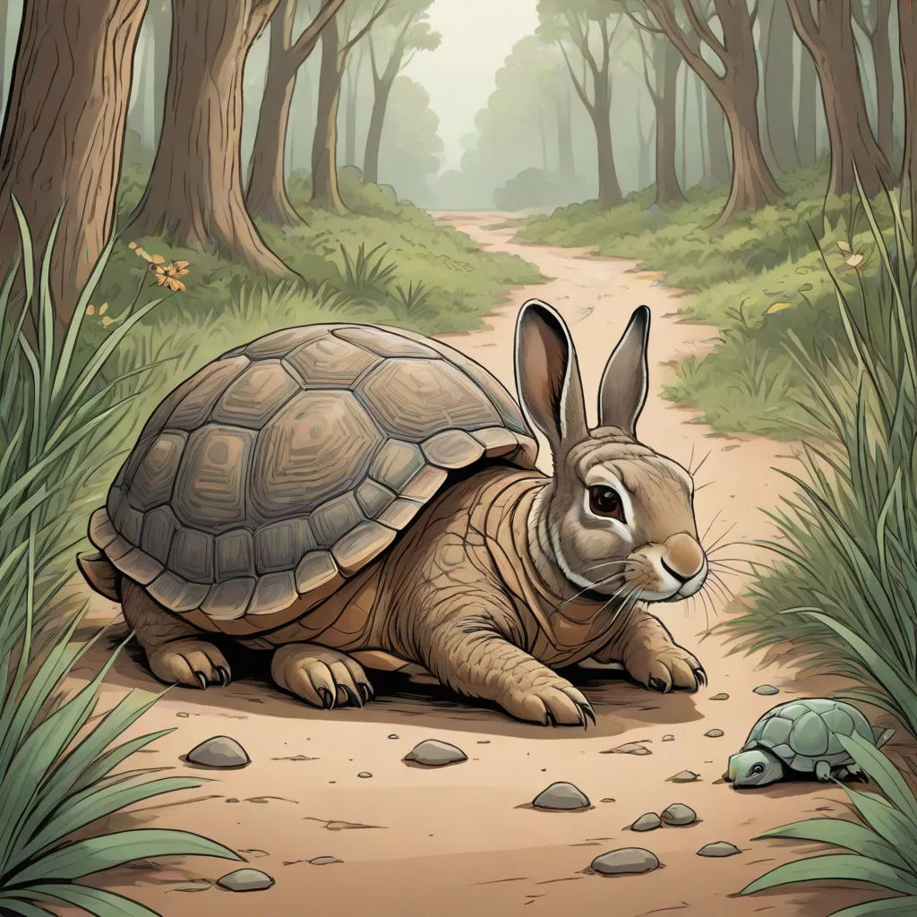 a cartoon of a turtle and a rabbit on a path in the woods with grass and rocks on the ground, Chris LaBrooy, furry art, a storybook illustration, storybook illustration