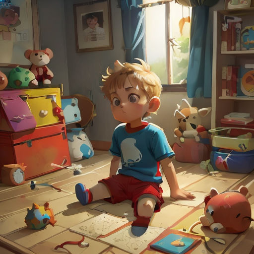 a boy sitting on the floor in a room with toys and a teddy bear on the floor in front of him