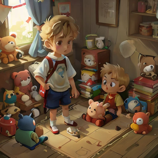 a boy standing in a room with many stuffed animals around him and a teddy bear on the floor next to him