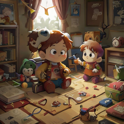 a cartoon of a boy and a girl playing with toys in a room with a window and a book shelf