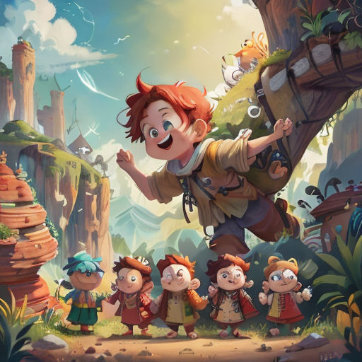 a group of children standing in front of a mountain with a giant tree in the background and a man in the middle of the picture