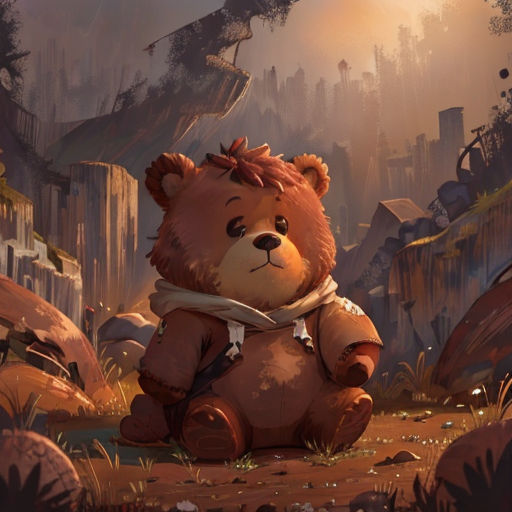 a brown teddy bear sitting on top of a dirt field next to a forest filled with trees and rocks