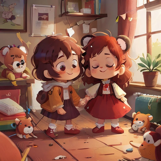 two little girls standing next to each other in a room with teddy bears on the floor and a window