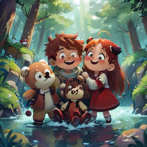 a couple of kids standing next to a bear in a forest with a bear cub in front of them