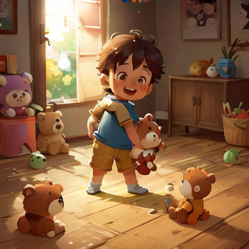 a boy holding a teddy bear in a room with other stuffed animals around him and a window with a sun shining through