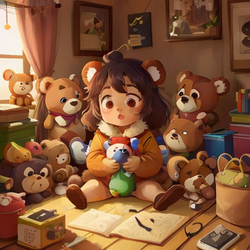 a girl sitting on a table surrounded by stuffed animals and books with a book open to her side, with a phone and a book on the table