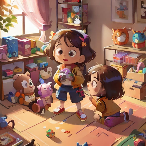 a couple of kids standing in a room with stuffed animals on the floor and a table with a teddy bear