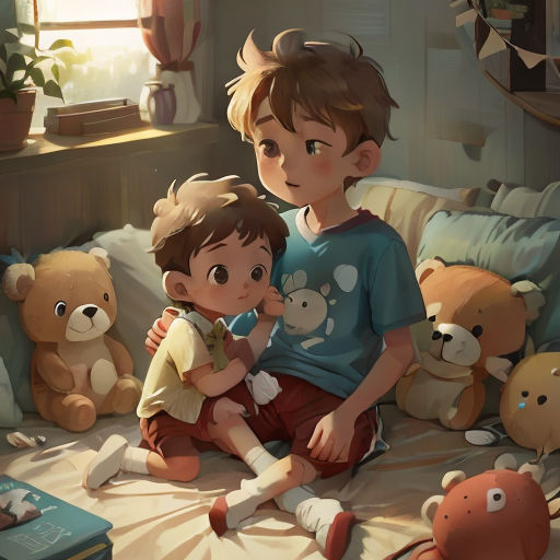 a boy and a boy hugging on a bed with teddy bears in the background and a book on the floor