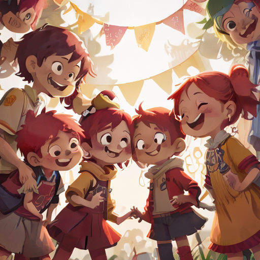 a group of children standing next to each other in front of a banner with buntings and bunting