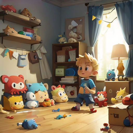 a kid is playing with toys in a room with a window and a shelf full of toys and a lamp