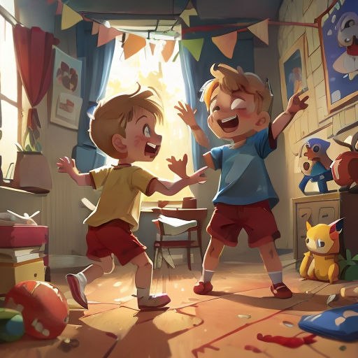 two children playing in a room with toys and a cat on the floor and a cat on the floor