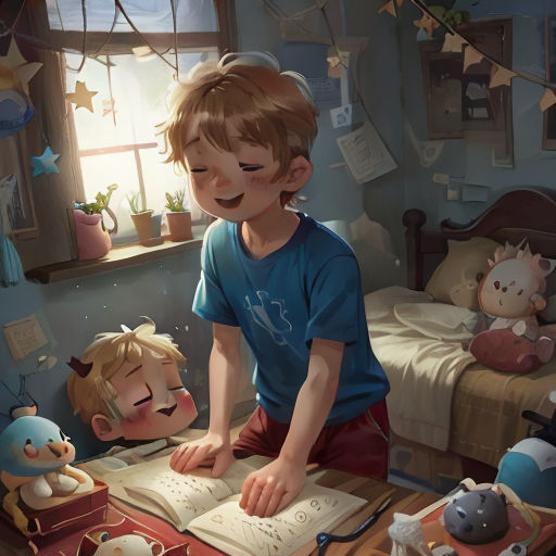 a boy is reading a book in a bedroom with other toys and toys on the floor and a window