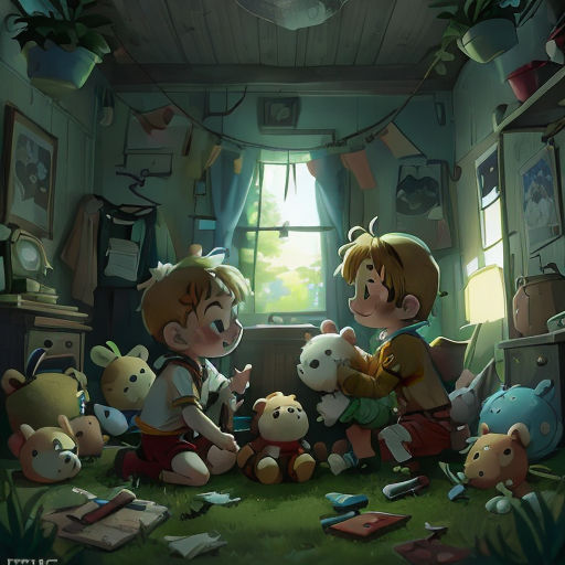 a couple of kids that are sitting in a room with stuffed animals on the floor and a window in the background