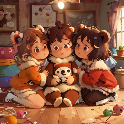 three girls are sitting on the floor with a stuffed animal in front of them and a teddy bear in the middle