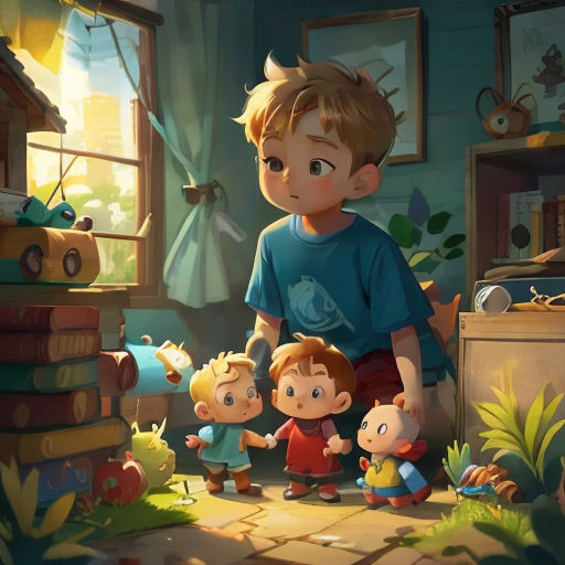 a boy and two boys are standing in a room with books and plants on the floor and a window