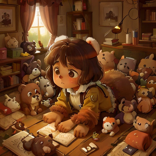 a girl sitting at a desk surrounded by stuffed animals and books in a room with a window and a book shelf