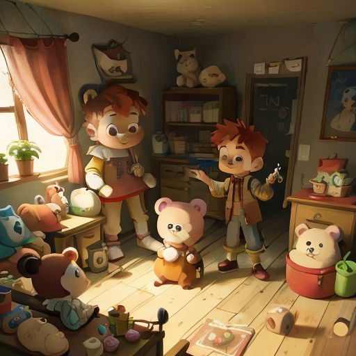 a group of cartoon characters standing in a room with teddy bears and other toys on the floor and a window
