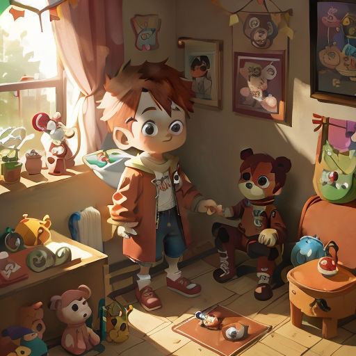 a boy standing in a room with stuffed animals and toys on the floor and a teddy bear on the floor