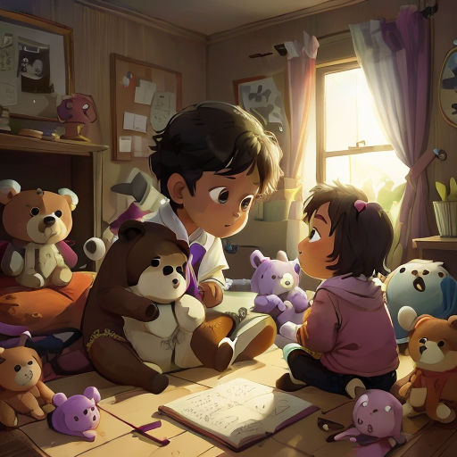 a boy and a girl sitting on the floor with stuffed animals around them and a book in front of them