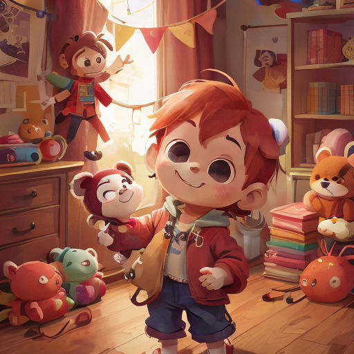 a little girl standing in a room with stuffed animals and a teddy bear on the floor next to her