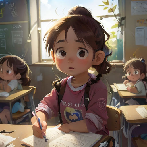 a girl sitting at a desk with a book and pen in her hand and another girl standing behind her